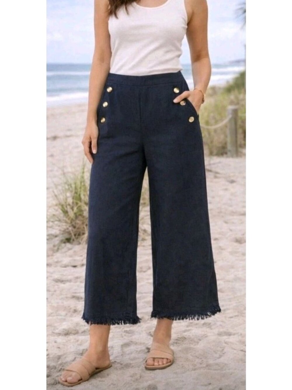 Prosecco Linen Blend Sailor Pants Cropped Raw Hem Casual Resort Pockets 8 Blue